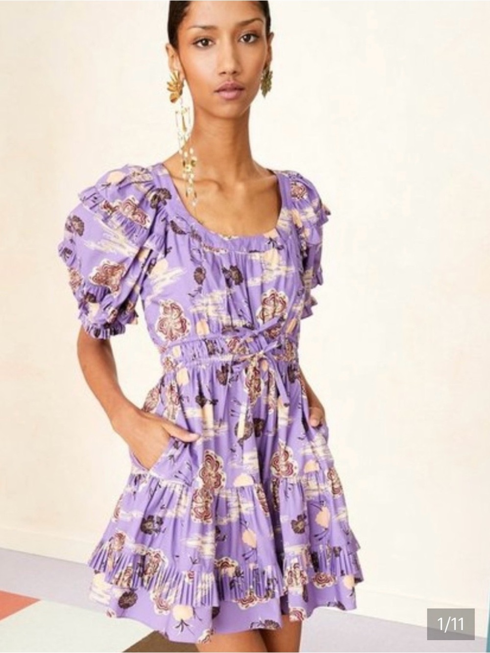 Ulla Johnson Naomi Zinnia Lavender Floral Puff-Sleeve Mini Dress